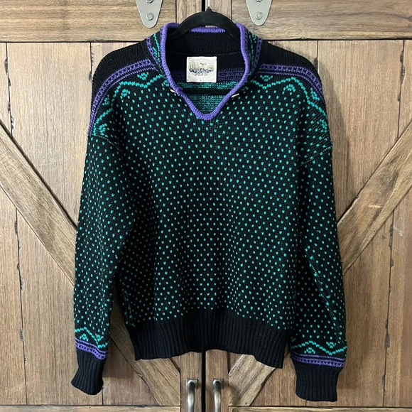 Alps Vintage 1990s Nordic Style Button Knit Funky Print Sweater Size Large - Picture 3 of 6